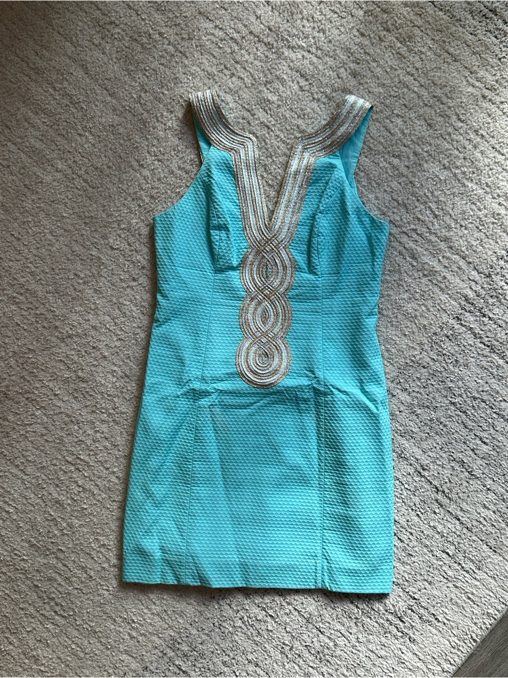 Lilly Pulitzer Turquoise Mini Dress with Gold Embellished V-Neck